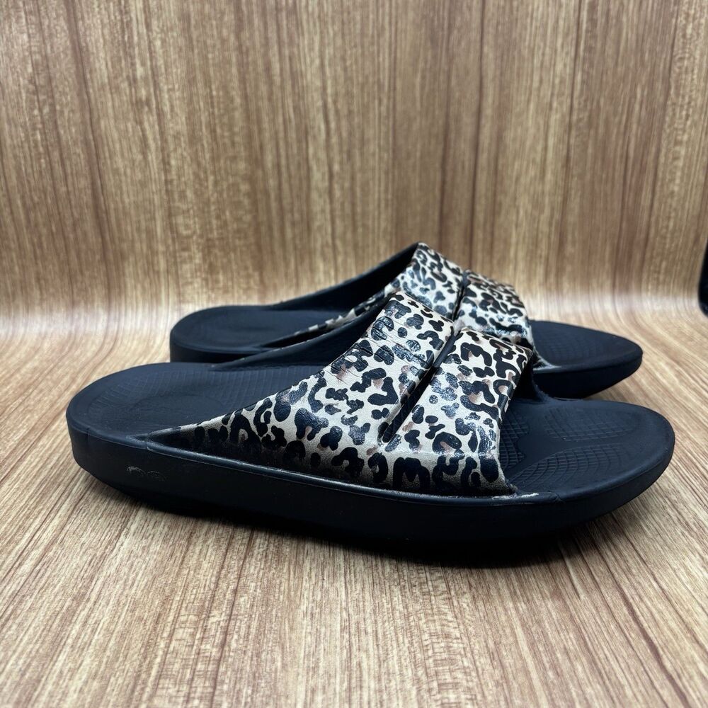 OOFOS Black and Leopard Print Slide Sandals